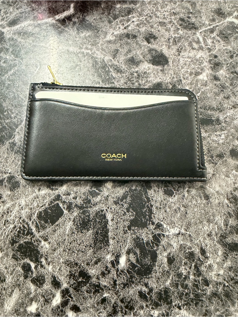 Coach Black Leather Zip Card Holder with Gold Logo